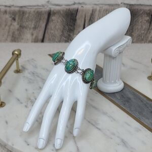 Vintage '40s Unique Turquoise Faience Scarab Links Set Sterling Silver Bracelet